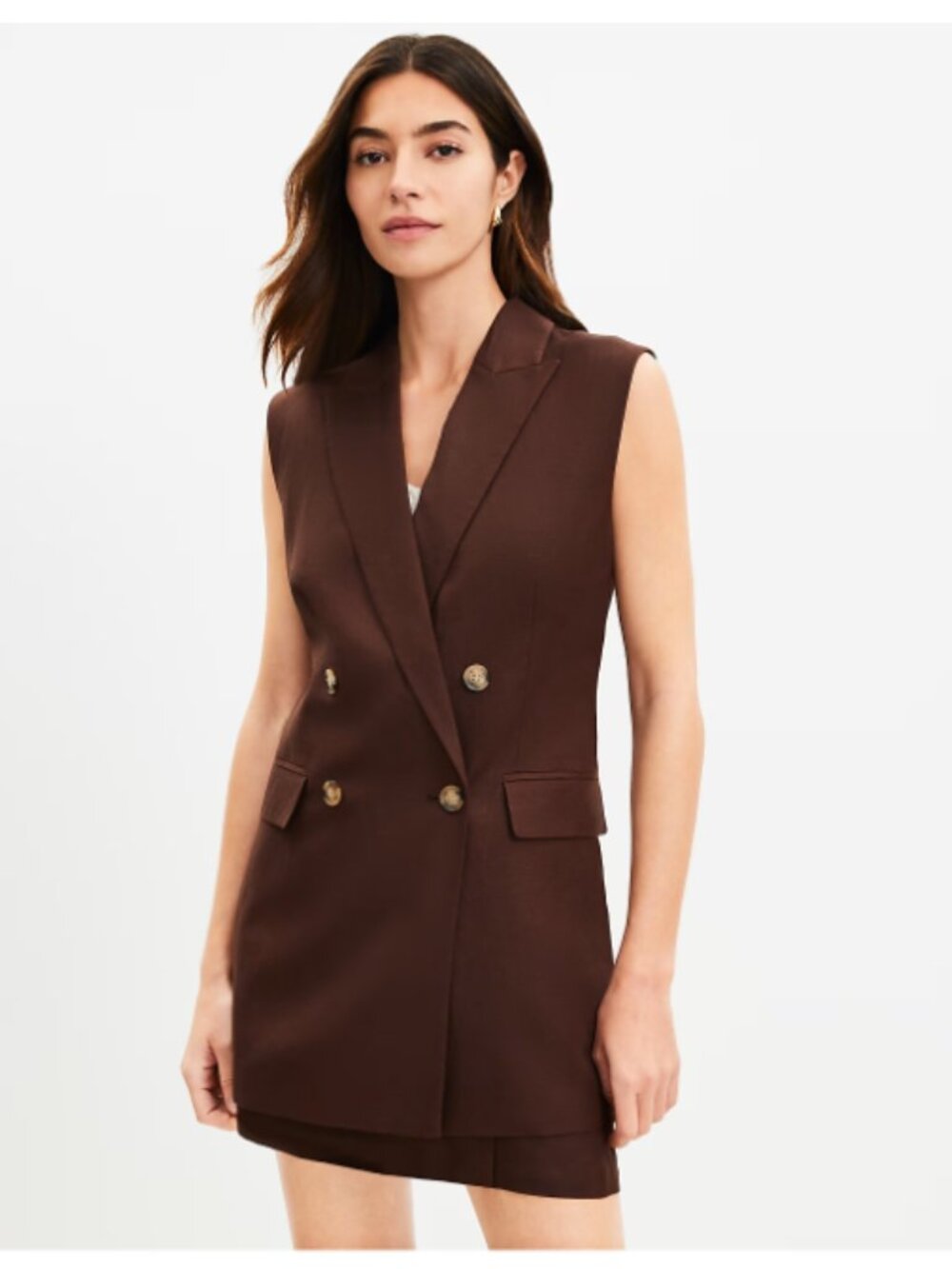 LOFT Sleeveless Double-Breasted Longline Blazer Vest - Brown size XS NWT
